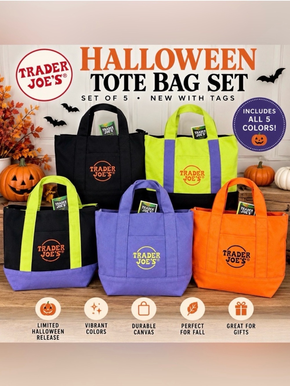 Set of 5 Trader Joe's Halloween Trick or Treat Canvas Mini Totes